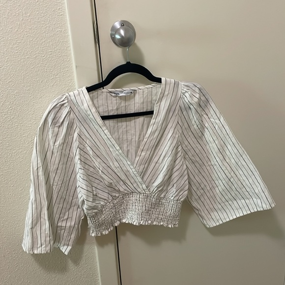 Zara Linen Blend Blouse Cross Wrap Striped Crop - Picture 3 of 5